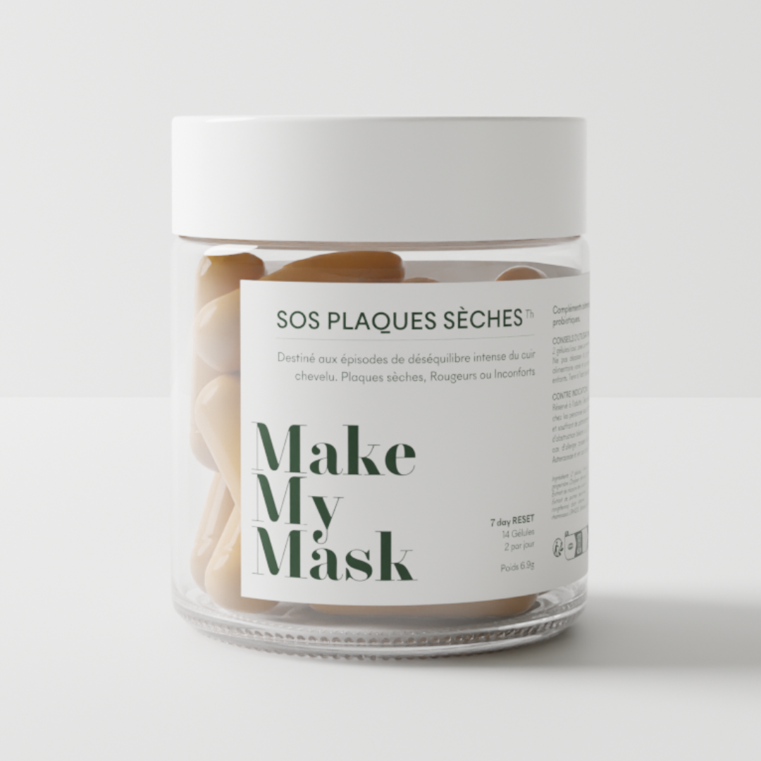 Le complément SOS Plaques Sèches de MakeMyMask qui cible le psoriasis du cuir chevelu et les plaques & pellicules sèches