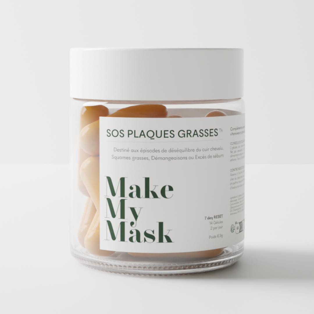 Le complément SOS squames grasses de MakeMyMask pour lutter contre les pellicules grasses & la dermatite séborrhéique
