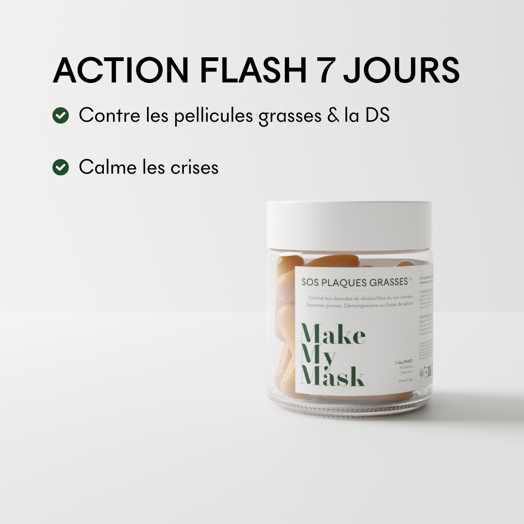 Le Complément SOS Squames Grasses de MakeMyMask a une action flash 7 jours sur les pellicules grasses et la dermatite séborrhéique
