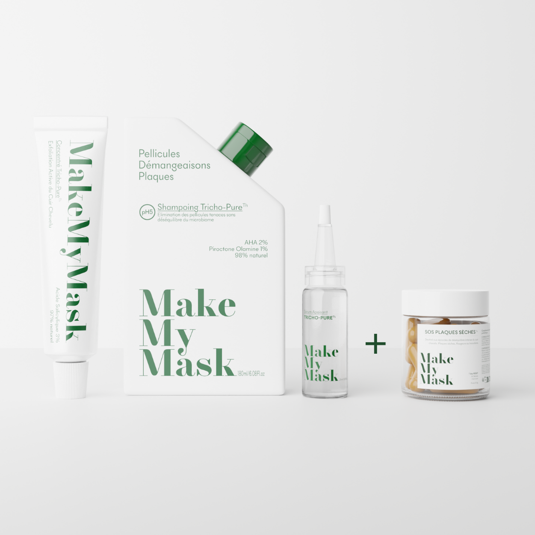 Le protocole anti-pellicules sèches et le complément SOS plaques sèches de MakeMyMask pour une prise en charge complète