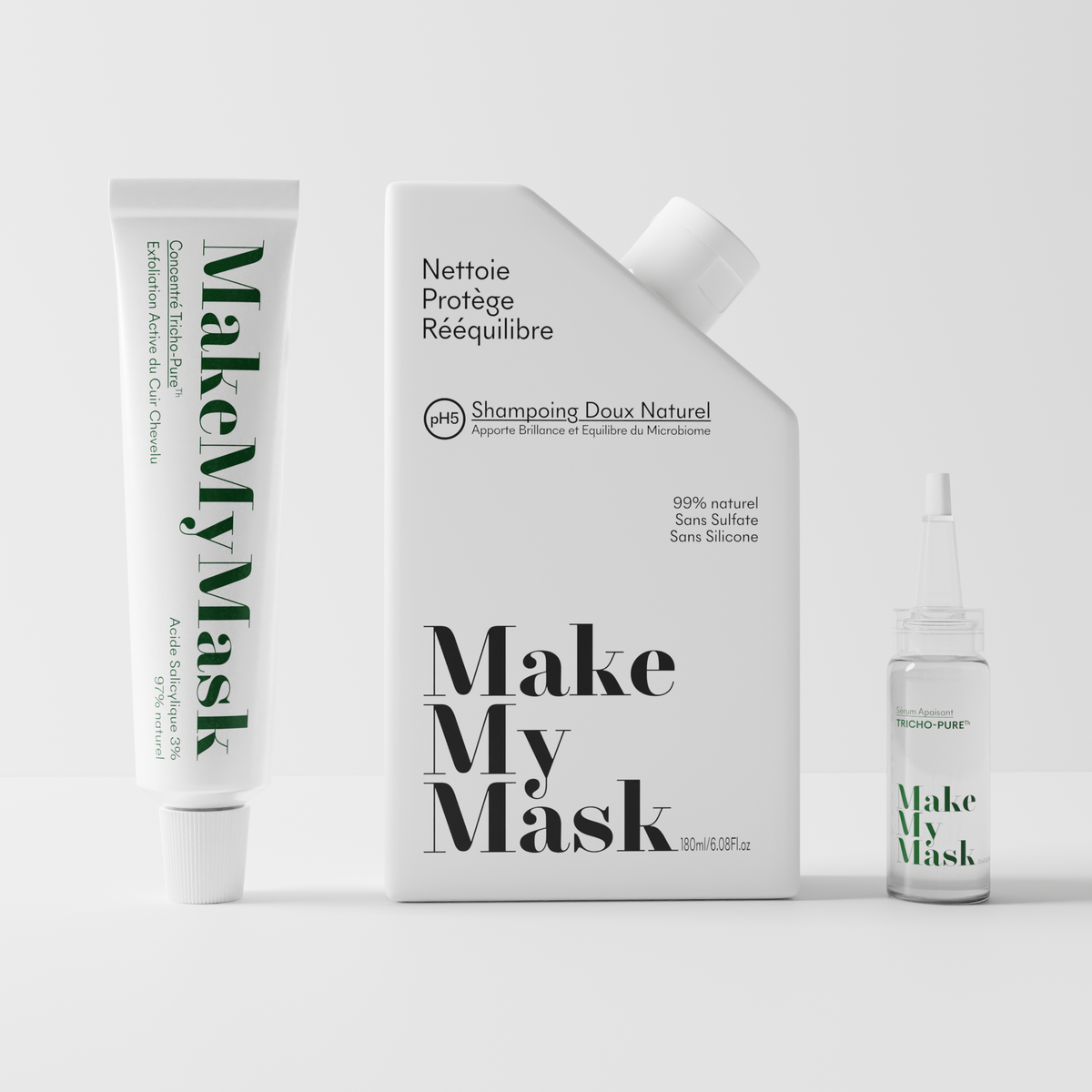 Le protocole anti-psoriasis de MakeMyMask composé de 3 produits complémentaires pour lutter contre les plaques sèches du cuir chevelu